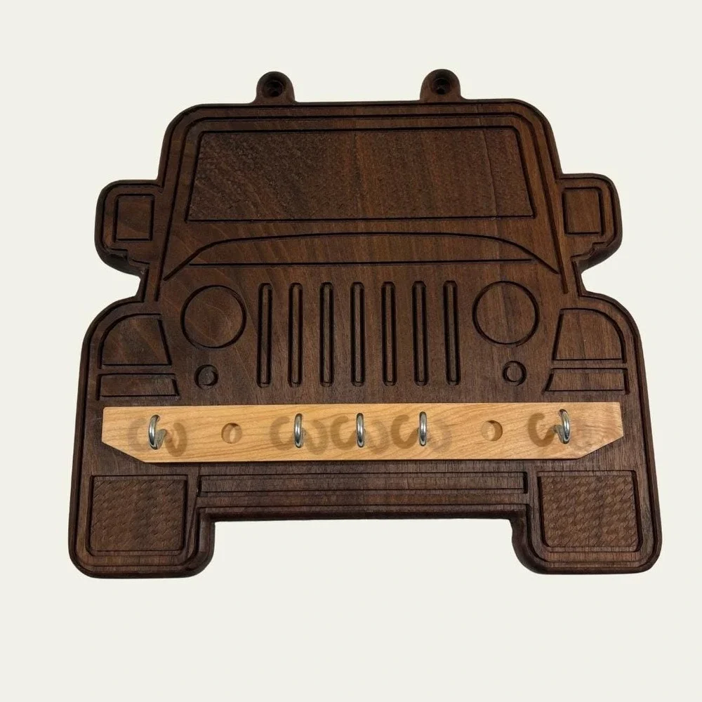 Jeep Grill Key Holder, Walnut Wood Off Road Wall Decor, Entryway Hanging Hooks